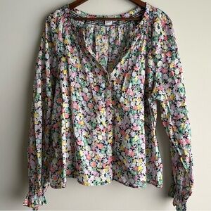 GAP Floral Peasant Blouse XL – Smocked Neckline & Cuffs, Lightweight Ditsy Print